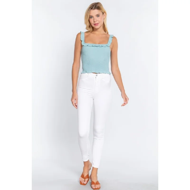 Mint Rayon Smocking Ruffle Cami Woven Top