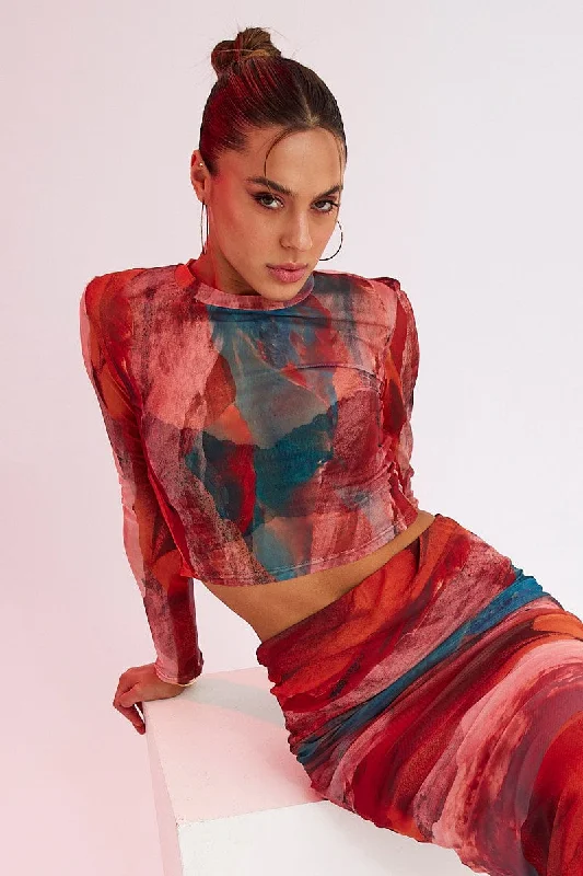 Brown Abstract Top High Neck Long Sleeve Abstract Print Mesh