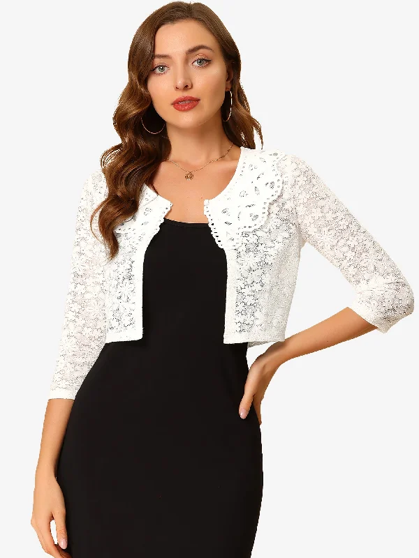 Crop Semi-Sheer Cardigan 3/4 Sleeve Peter Pan Collar Lace Shrug