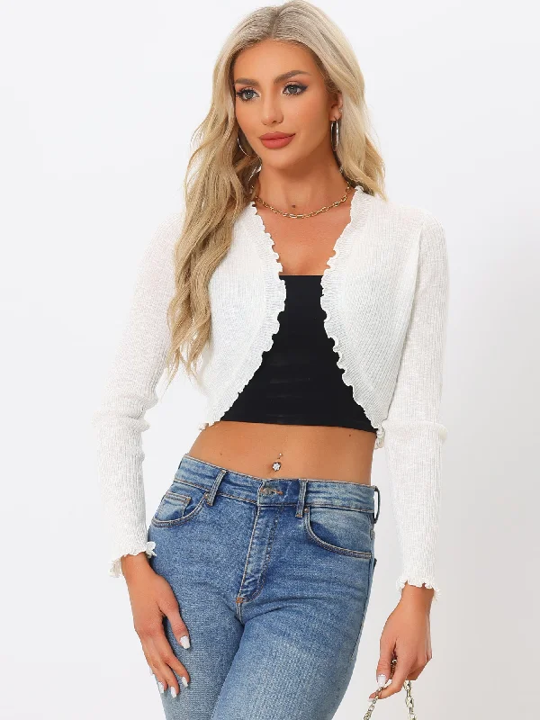 Women's Crop Shrug Ruffle Trim Long Sleeve Knit Elegant Open Front Casual Bolero Cardigan Shrugs